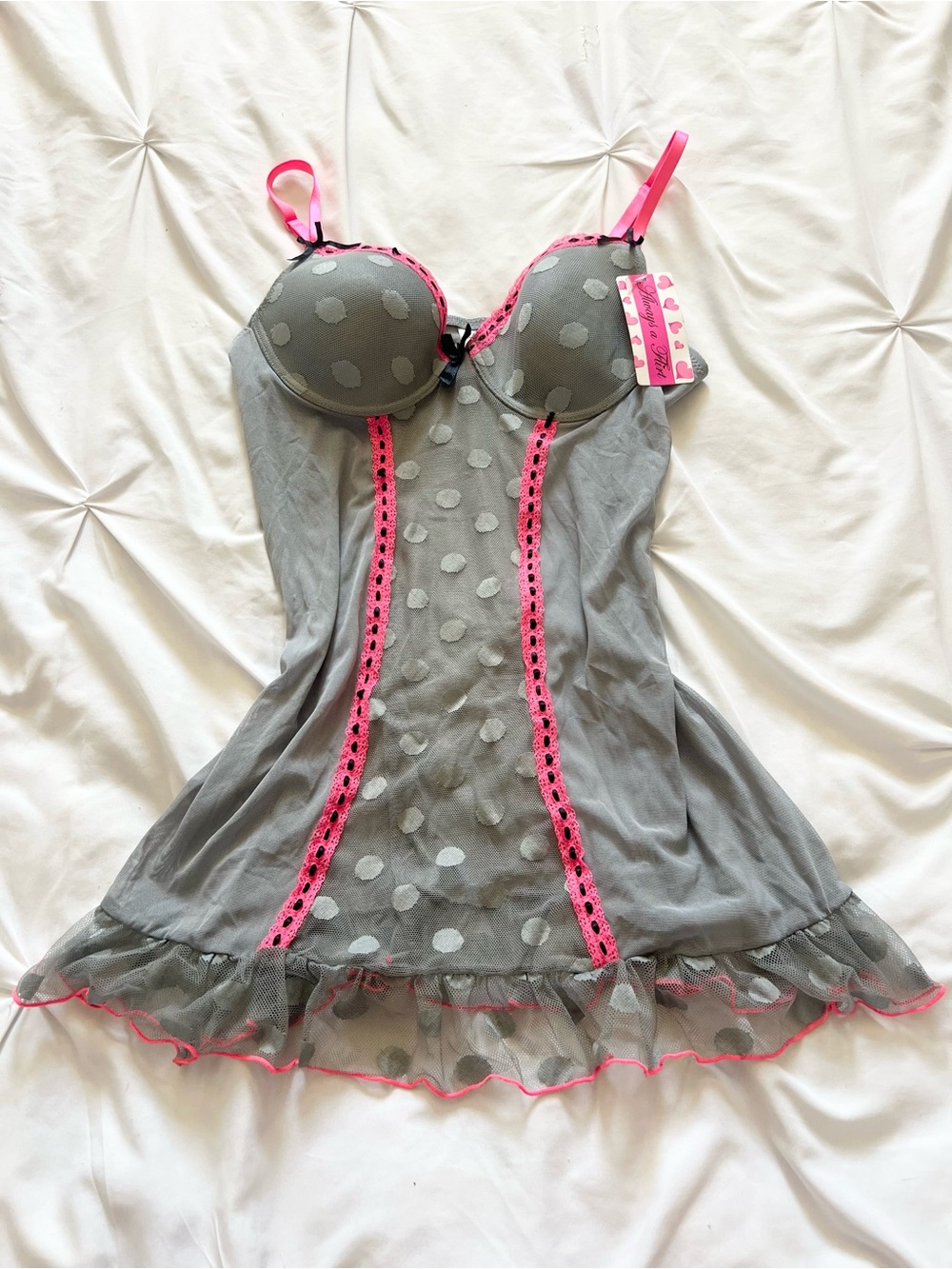 Gray & Pink Polka Dot Mesh Chemise with Contrast Trim